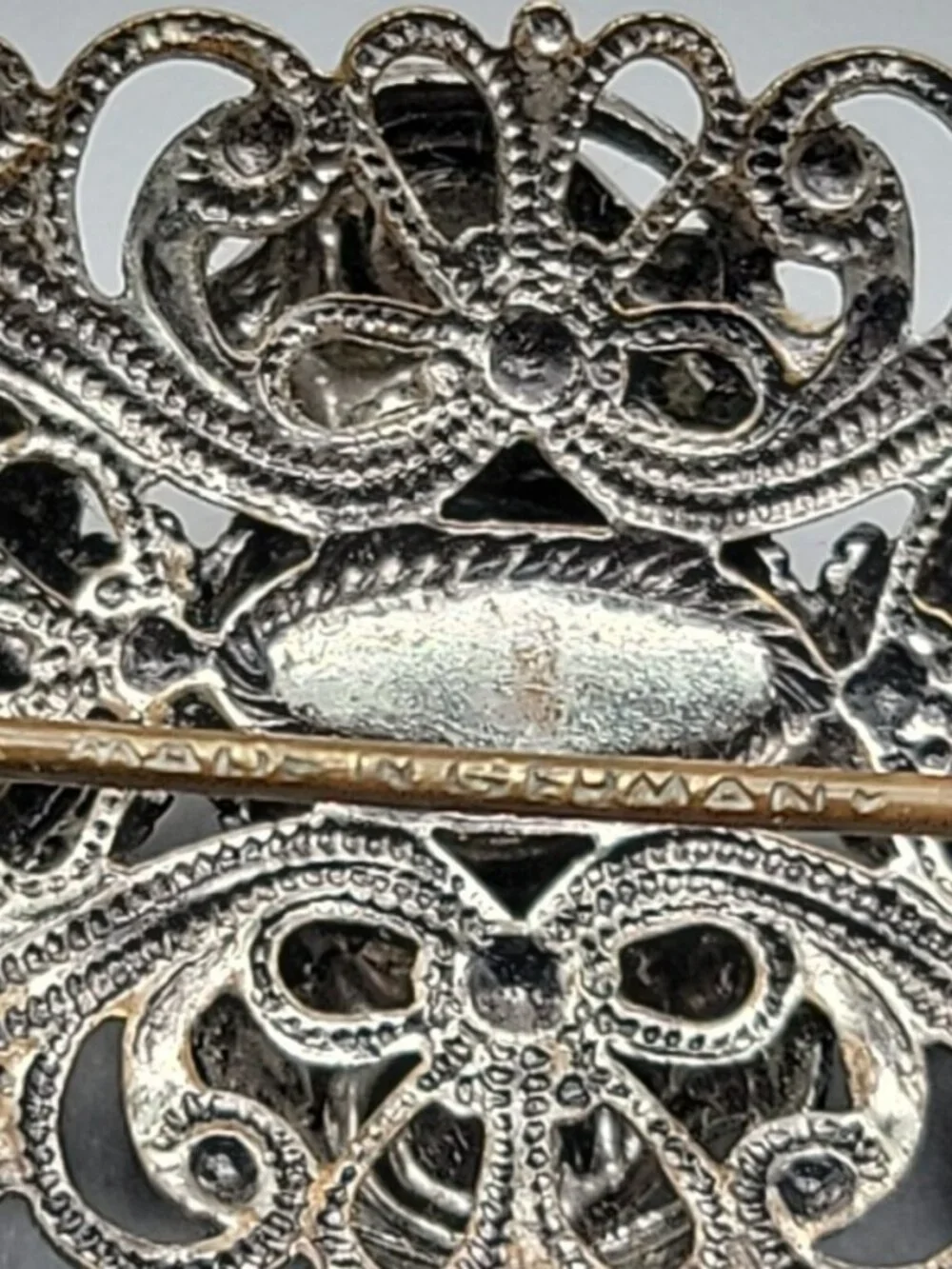 West Germany Silver Tone Filigree AB Brooch Pin Aurora Borealis Rhinestones